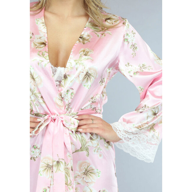 Satin Kimono mit Blumenmuster in Rosa