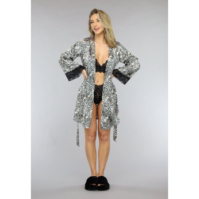 Glänzender Seiden-Kimono mit Animal-Print und Taillenband