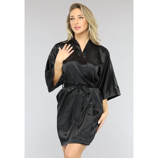 Glänzender schwarzer Satin Kimono kurz