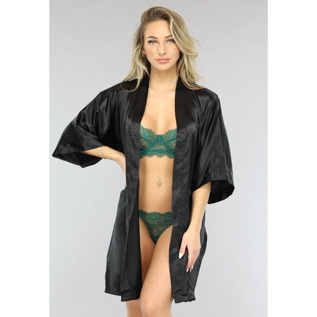 Glänzender schwarzer Satin Kimono kurz