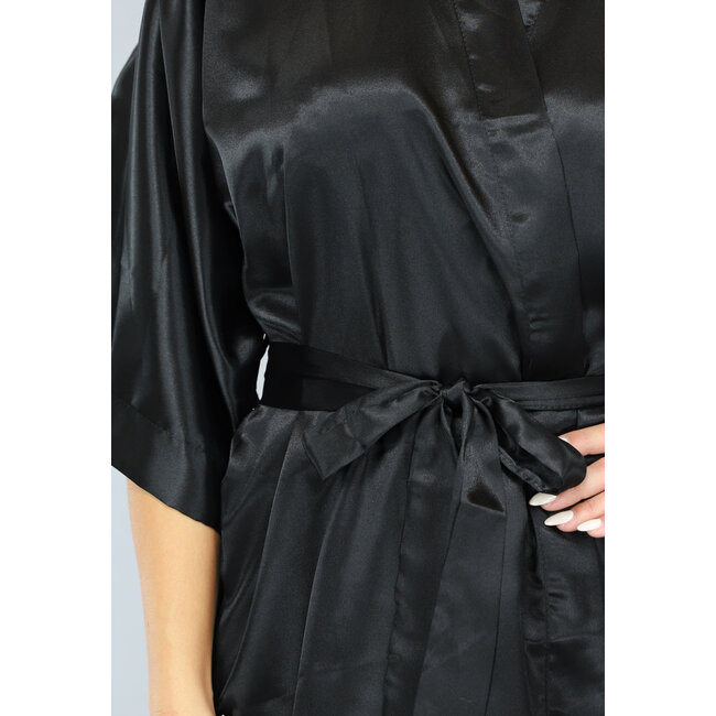 Glänzender schwarzer Satin Kimono kurz