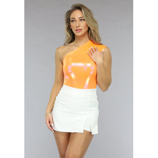 Orangefarbener holografischer Metallic-Bodysuit