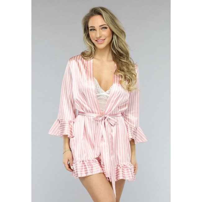 Rosa gestreiftes Satin-Pyjama-Shortset mit Kimono