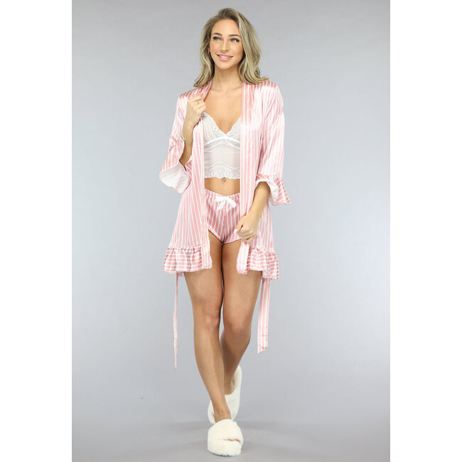 Rosa gestreiftes Satin-Pyjama-Shortset mit Kimono