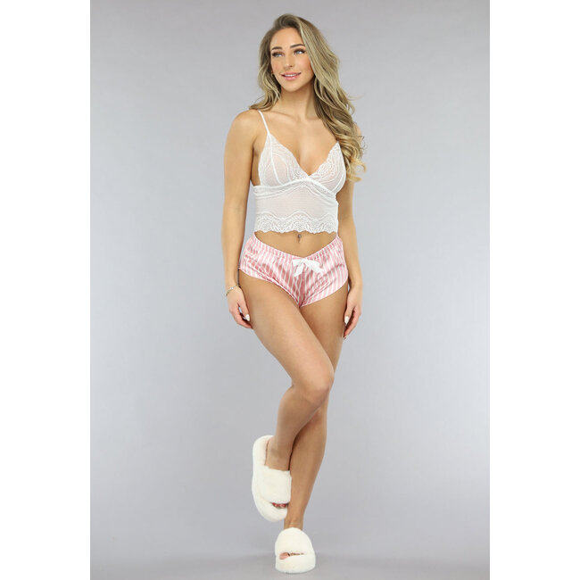 Rosa gestreiftes Satin-Pyjama-Shortset mit Kimono