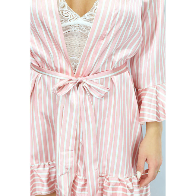Rosa gestreiftes Satin-Pyjama-Shortset mit Kimono