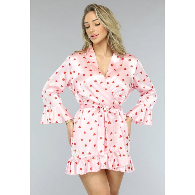 Hellrosa Valentine Satin Pyjama Set mit Herz Kimono