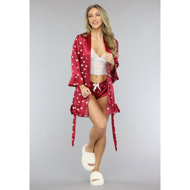 Satin Valentine Pyjama Set in Weinrot mit Herz Kimono