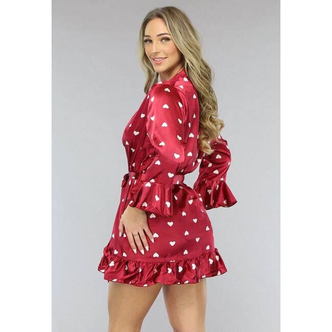 Satin Valentine Pyjama Set in Weinrot mit Herz Kimono