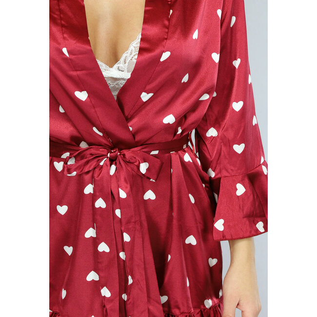 Satin Valentine Pyjama Set in Weinrot mit Herz Kimono