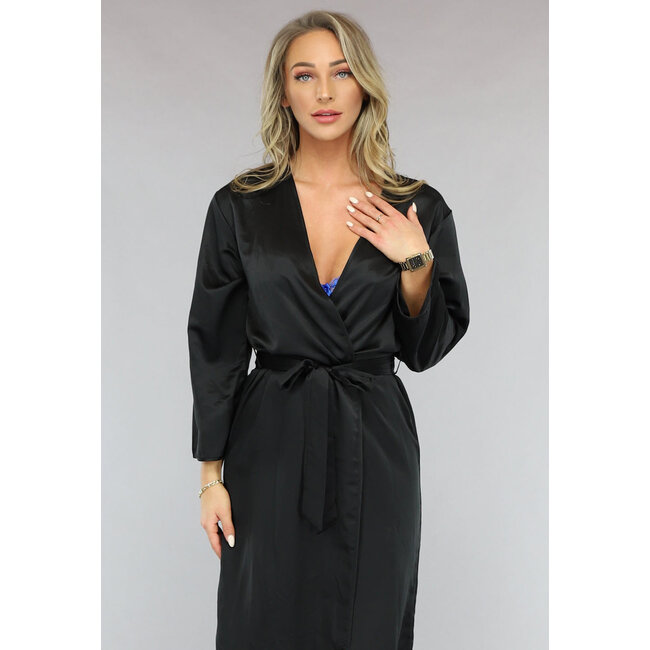 Satin Look Kimono lang in Schwarz