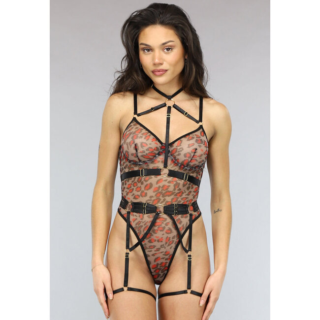 Mesh Leopard Body mit Bügeln und Kinky Straps