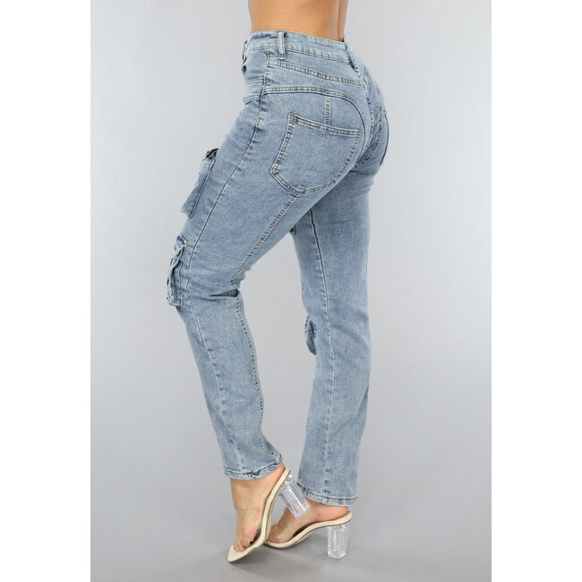 Blaue Mid Waist Mom Jeans mit Taschen