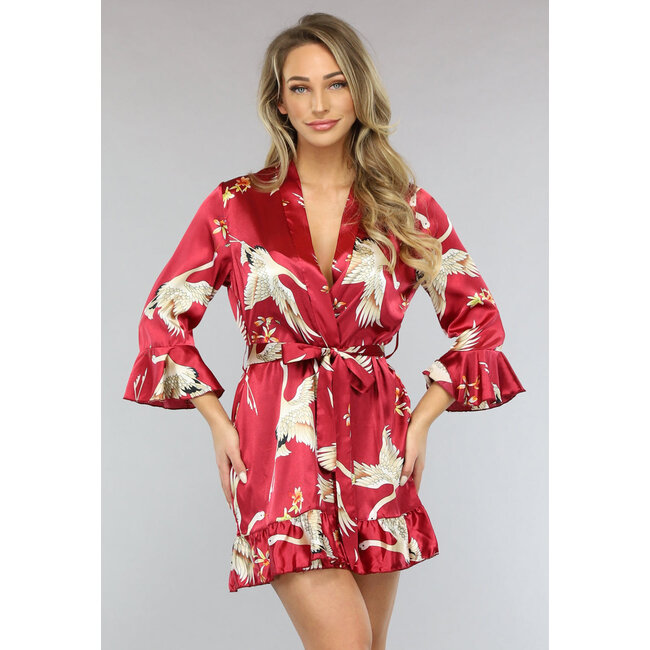 Roter Satin-Kimono mit Rüschen und Druck