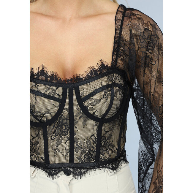 Schwarzes Spitzenkorsett-Top mit transparenten Ärmeln