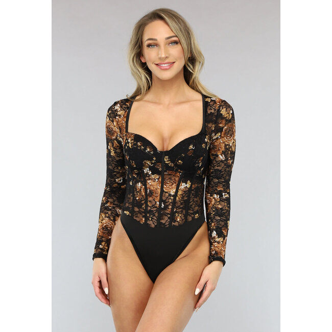 Korsett-Bodysuit aus Spitze mit Blumendruck