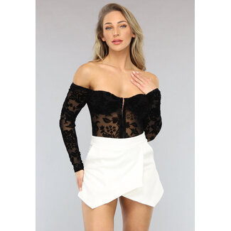 Schwarzer schulterfreier Mesh-Body mit Paisley-Print