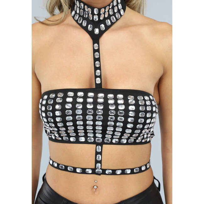 Schwarzes Glitzer-Bandeau-Top mit Halsband und Schleifen-Detail