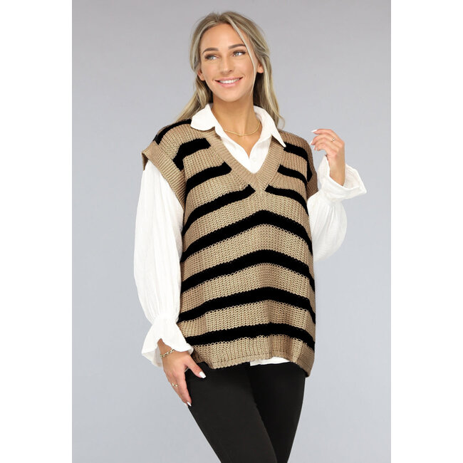 Beige/schwarzer Strickpullover mit Streifenmuster