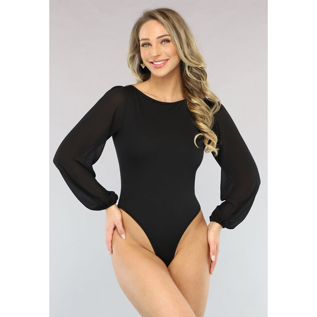 Schwarzer Bodysuit mit langen Puffärmeln aus Chiffon