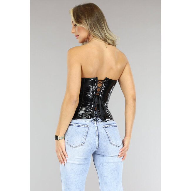 Schwarzes PVC-Korsett mit Riemen