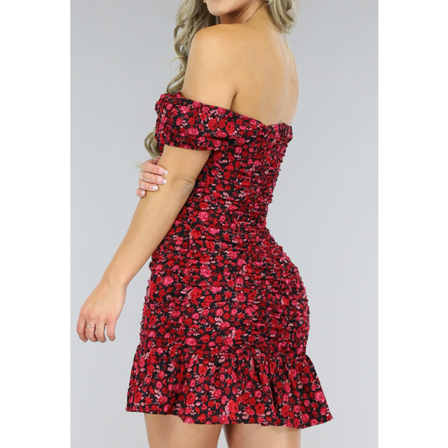 Rotes schulterfreies Kleid mit Blumenmuster und Plissee-Details