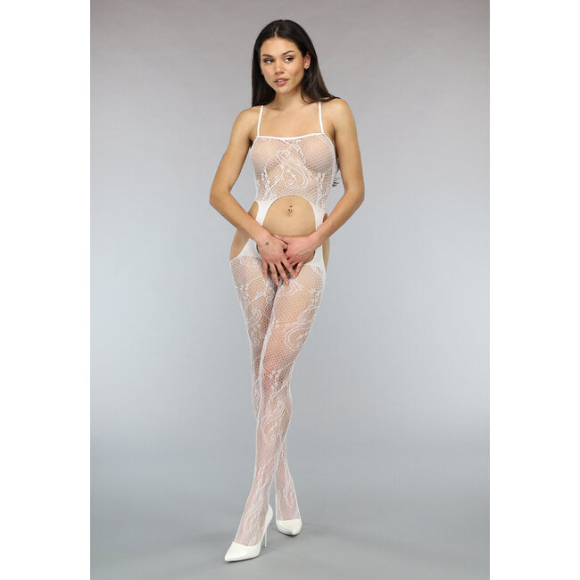 Weißer Bodystocking mit hochgeschnittenem Strumpfband-Look