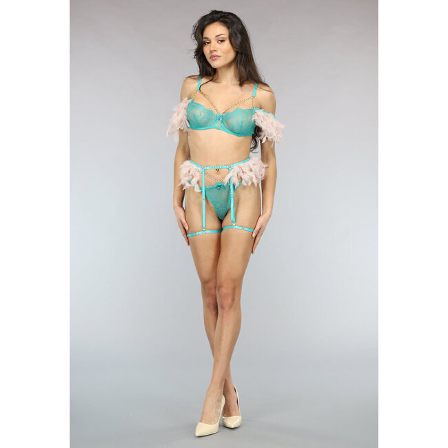 Türkis mit rosa Feder Dessous Set mit Strumpfband Gürtel und Kette Details