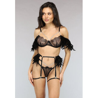 NEW2102 Schwarzes Feder-Dessous-Set