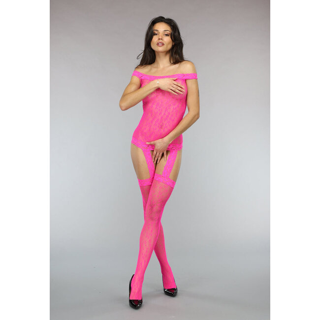 Bodystocking in Strapsoptik mit Leopardenmotiv Neon Pink