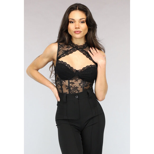 Schwarzer Spitzen-Bodysuit mit Cut-Out