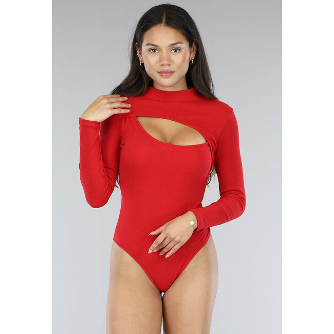 Roter Rippenbodysuit mit Ausschnitt