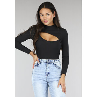 Schwarzer Rippenbodysuit mit Ausschnitt