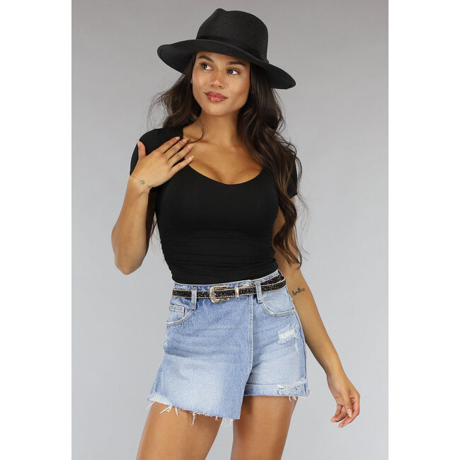 Schwarzes plissiertes Stretch-Crop-Top