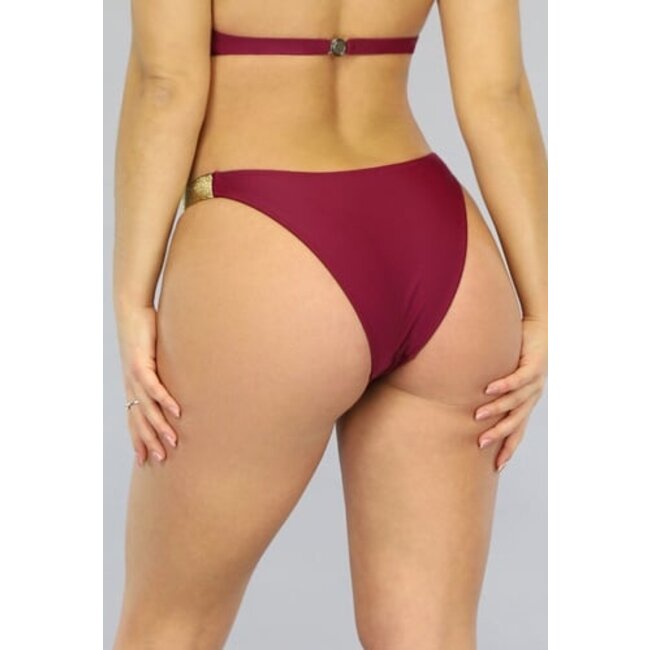 Weinroter Tanga Bikiniunterteil mit Gold