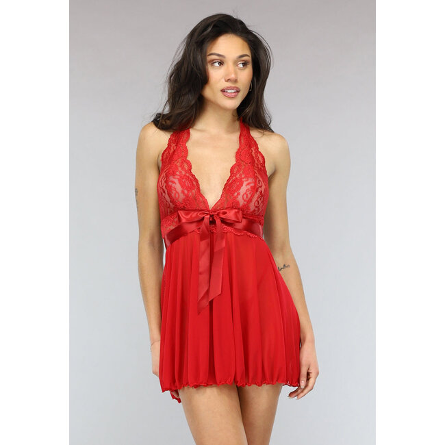 Rotes Mesh Halter Slipdress mit Spitze