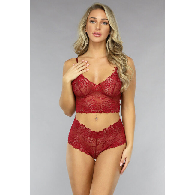 Bordeauxrote Spitze brasilianisches Dessous-Set