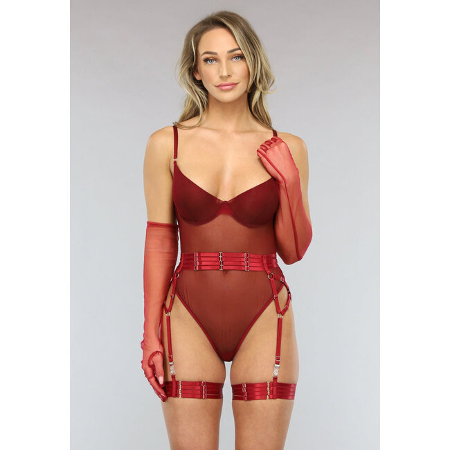 Weinrot Transluzentes Dessous-Set mit Handschuhen