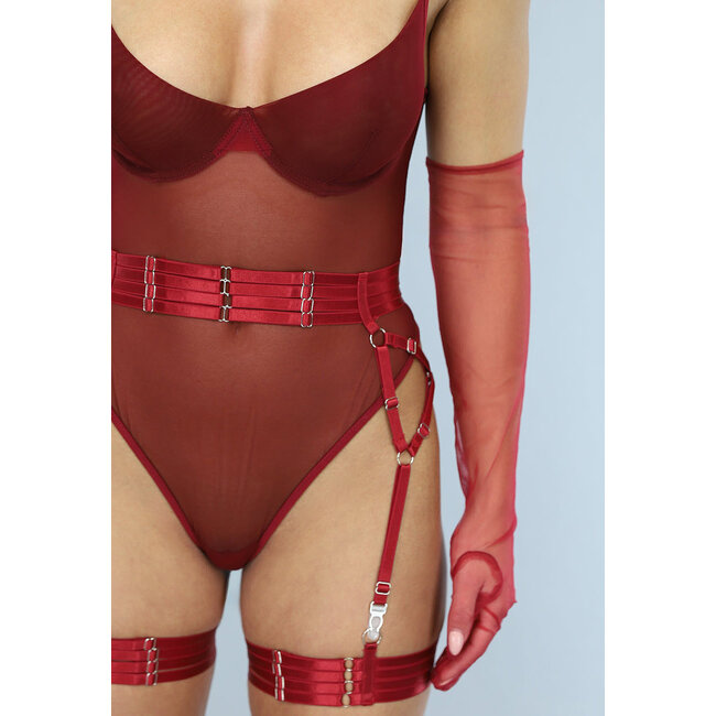 Weinrot Transluzentes Dessous-Set mit Handschuhen