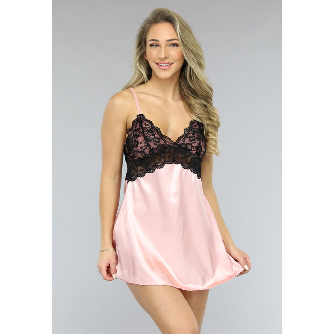 Rosa Satin Babydoll mit offenem Rücken und Spitzendetails