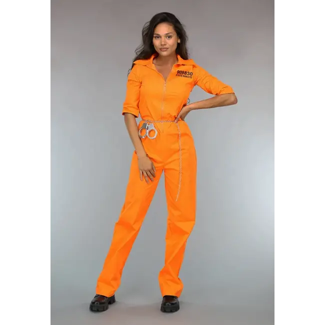 Langer orangefarbener Gangster-Overall mit Handschellen