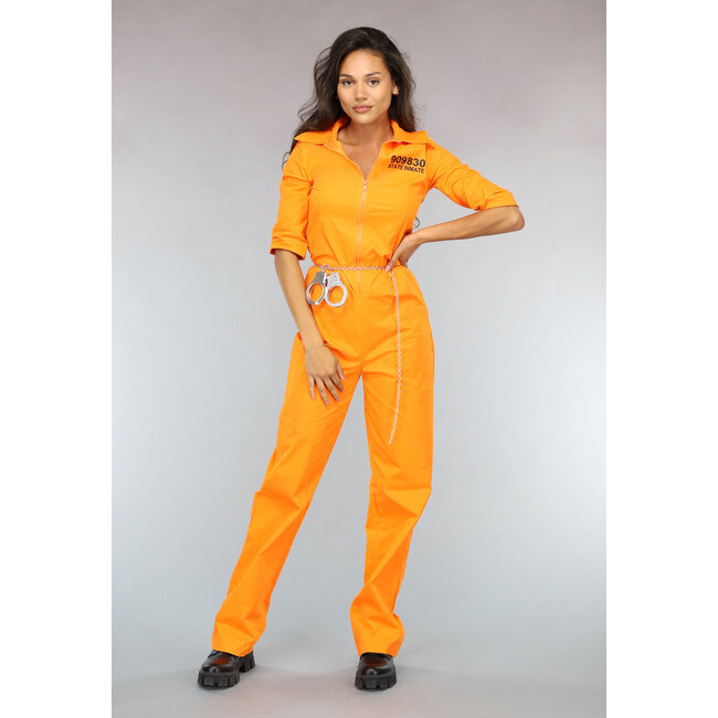 Langer orangefarbener Gangster-Overall mit Handschellen