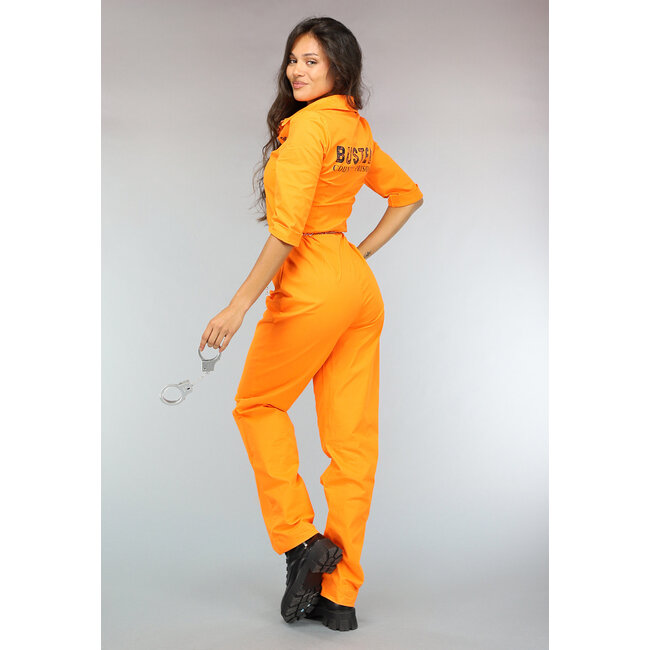 Langer orangefarbener Gangster-Overall mit Handschellen