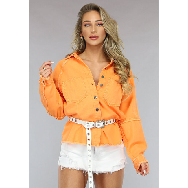 Orangefarbene Denim-Bluse mit Taschen