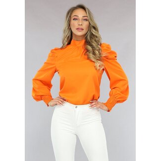 ORANJE-F Orangefarbene Bluse mit Puffärmeln und Schleifendetail