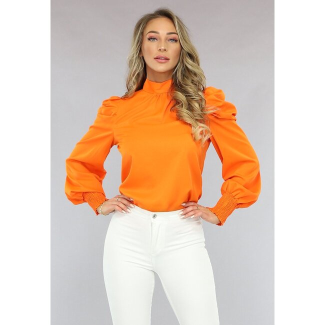 Orangefarbene Bluse mit Puffärmeln und Schleifendetail