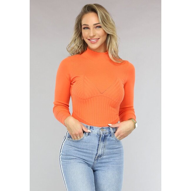 Orangefarbener Rippenbodysuit mit langen Ärmeln