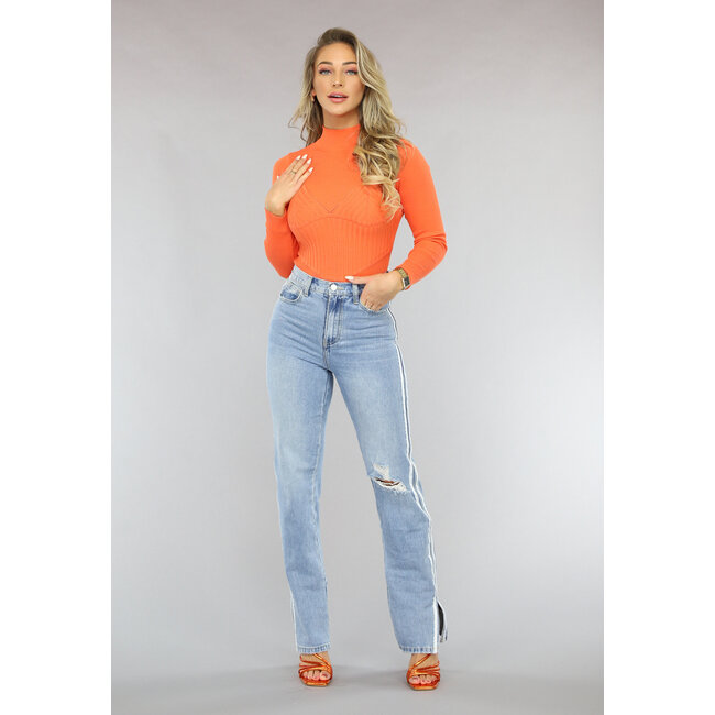 Orangefarbener Rippenbodysuit mit langen Ärmeln
