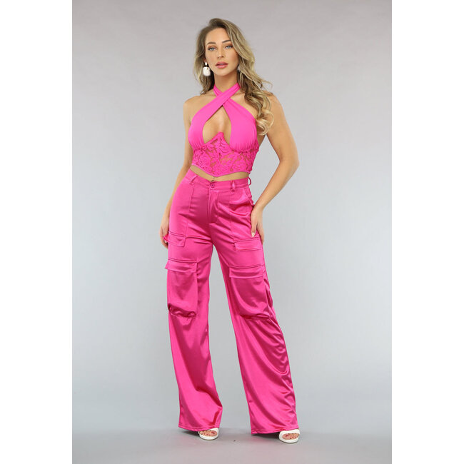 Rosa Satin Utility-Hose mit weitem Bein