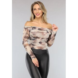 Plissiertes beigefarbenes schulterfreies Mesh-Top